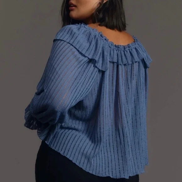 Anthropologie Long-Sleeve Sheer Striped Crop Blouse In Wedgwood Womens XL - Picture 3 of 7